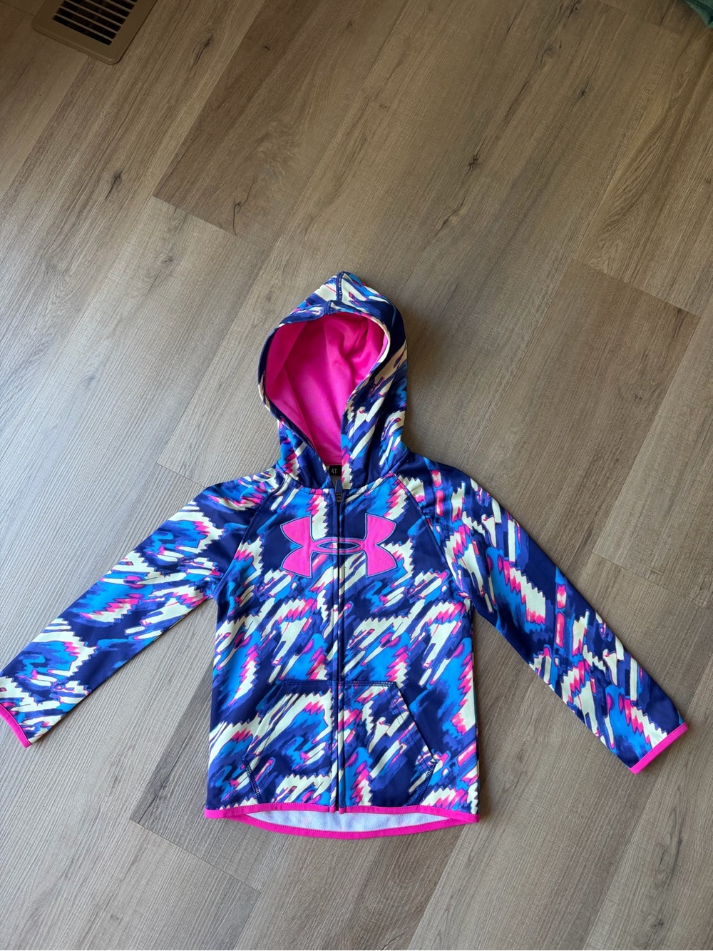 Under Armour Girls' Navy, Pink & White Printed Hooded Zip Jacket